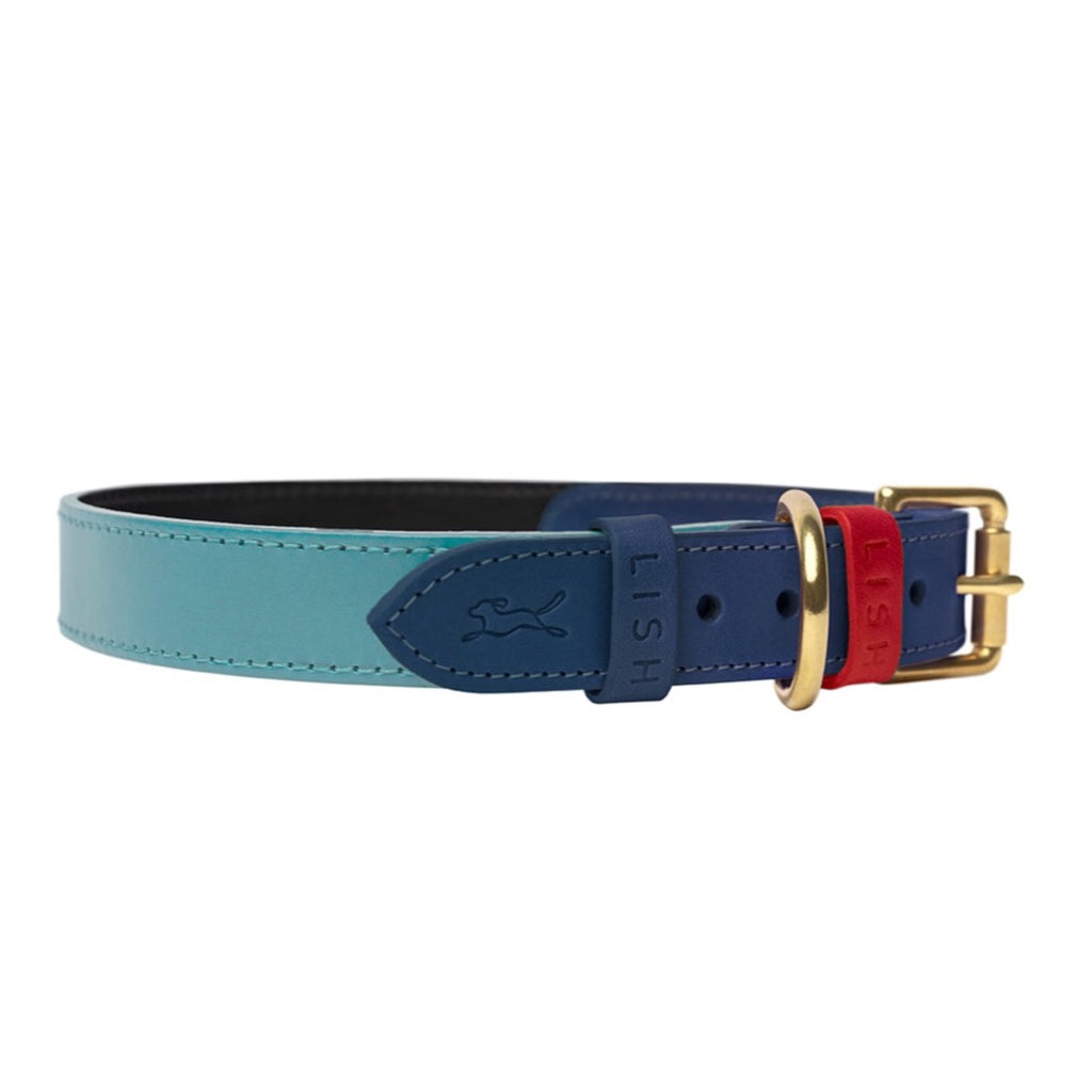 Navy and Sea blue luxury DESIGNER DOG COLLAR MADE WITH SUSTAINABLE ITALIAN LEATHER AND CRAFTED IN ENGLAND BY BRITISH HERITAGE BRAND LISH LUXURY PET ACCESSORIES