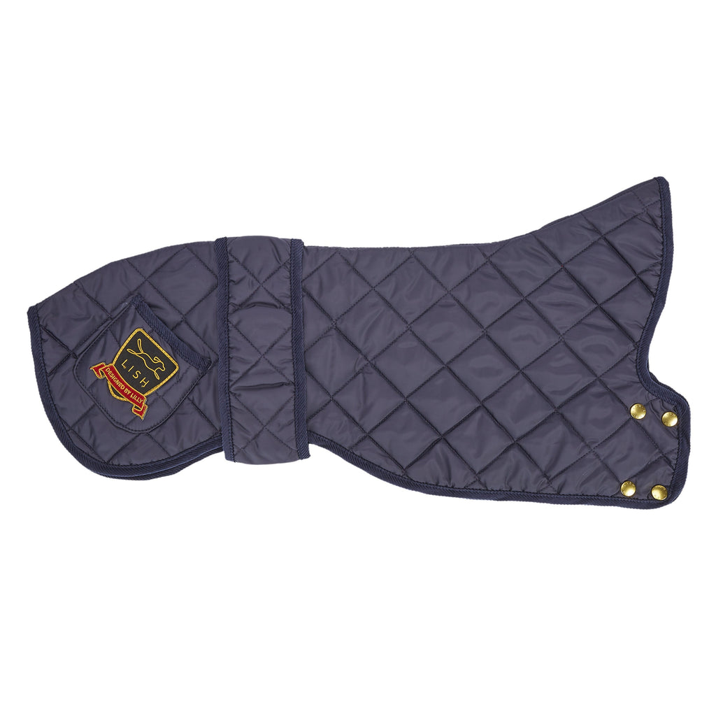 recycled sustainable quilted navy whippet designer dog coat by LISH luxury petwear British brand