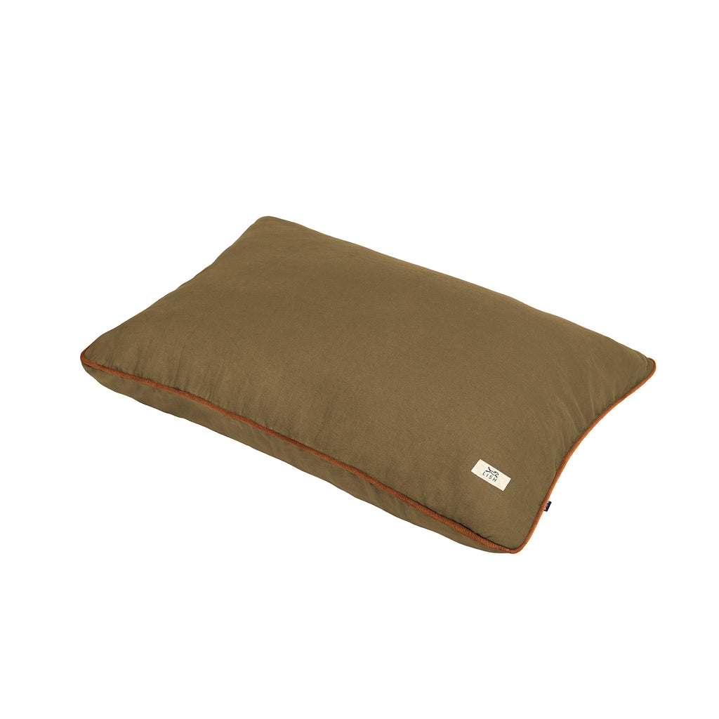 Luxury designer linen pillow dog bed, made in london by LISH, khaki green color, sustainable, removable zipper cover  