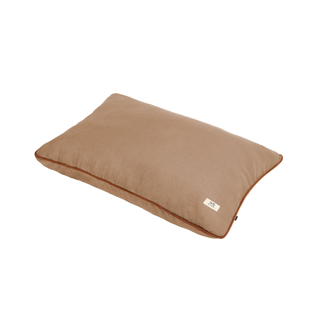 Luxury designer linen pillow dog bed, made in london by LISH, oat color, sustainable, removable zipper cover  