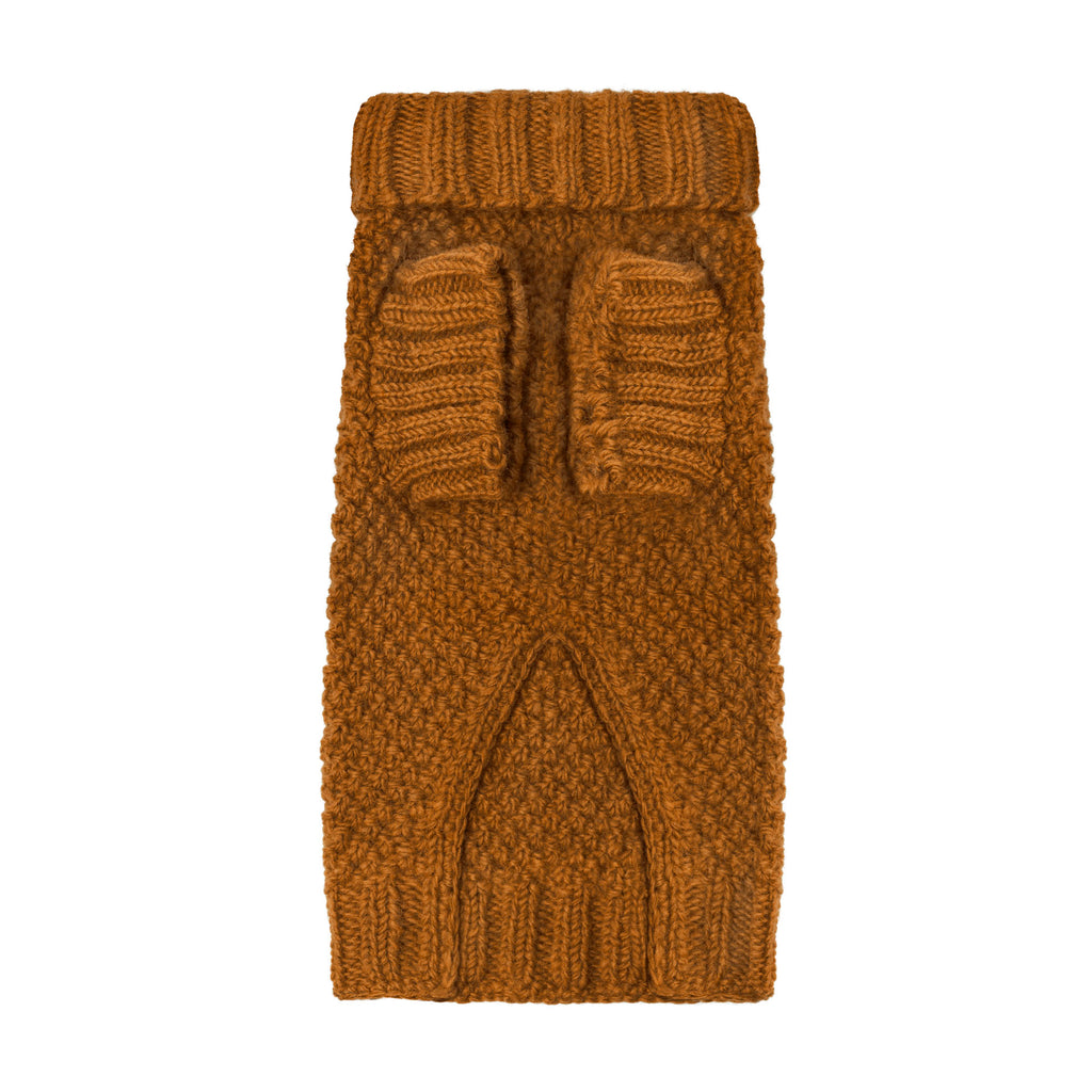 Camel brown real wool designer dog jumper, hand knitted by luxury British Heritage brand LISH 