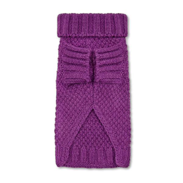 Real wool hand knitted purple lilac designer dog jumper, dog sweater, made with cruelty free wool for dogs, with rib sleeves, by luxury designer brand LISH London British Heritage pet accessory brand