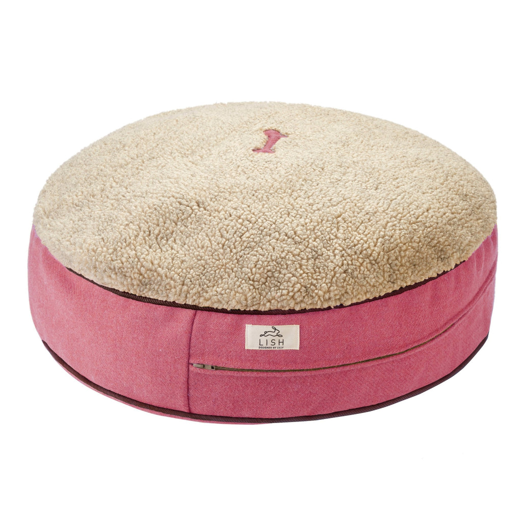 Rose pink luxury dog bed made in England from Harris Tweed by British designer dog accessory brand LISH 