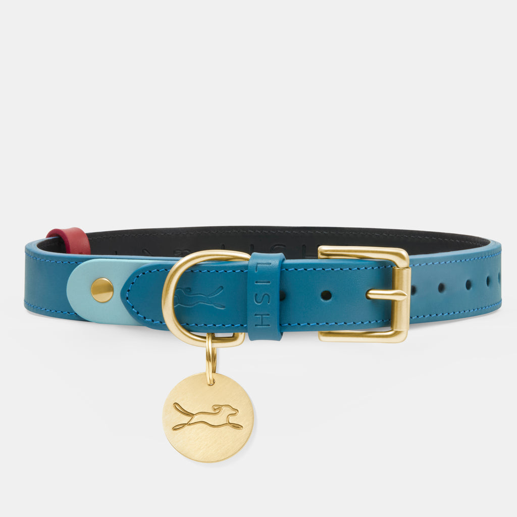 Indigo blue luxury dog collar, with solid brass dog tag, designed by British heritage luxury dog accessory premium brand LISH from high end vegetable tanned Italian leather, hand made in England. 