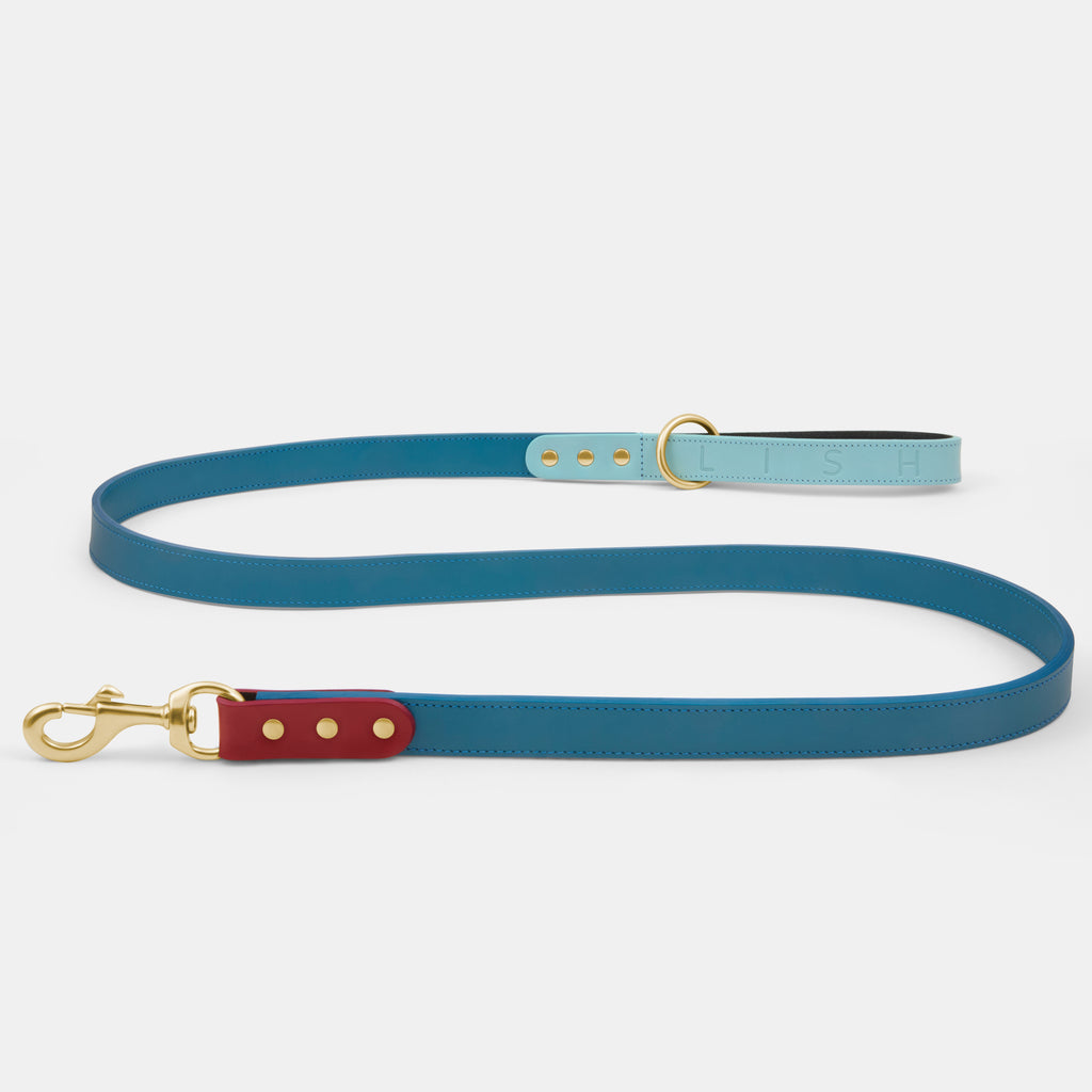 blue luxury dog lead, premium designer dog lead in Italian leather, made in England by premium British heritage brand LISH 