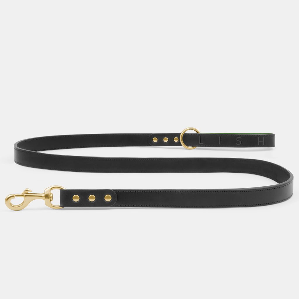 Luxury black dog lead, designer dog leash with brass attachments hand made by British designer dog accessory brand LISH  specialising in premium dog leads and dog leashes made in England