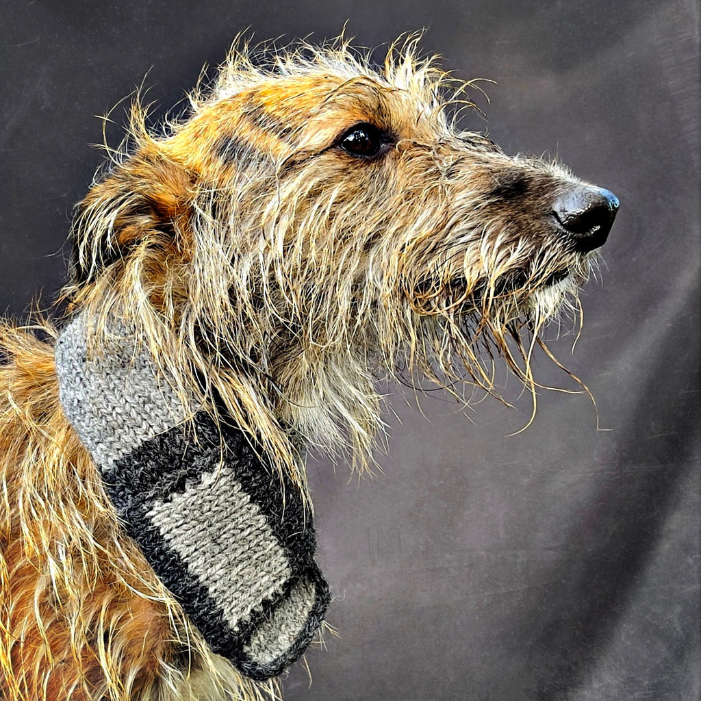 SIGHT HOUND IN WOOL DOG NECK SCARF MADE BY BRITISH ENGLISH HERITAGE LUXURY BRAND LISH LONDON IN GREY AND BLACK STRIPE WOOL