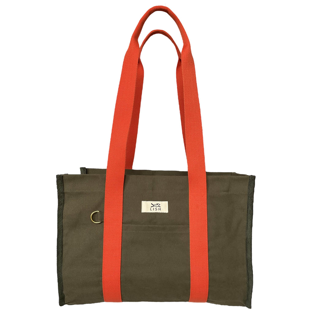 olive green stylish luxury designer tote dog carrier bag made in United Kingdom with orange straps