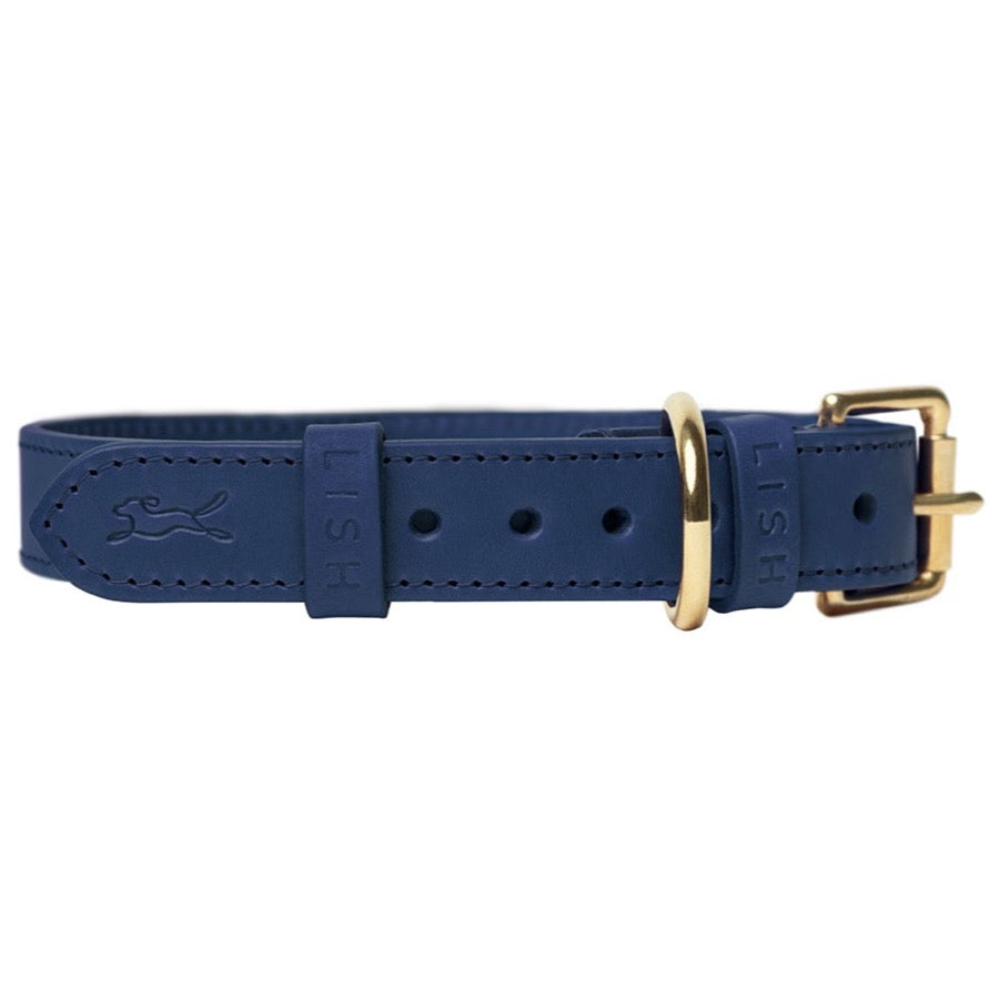 navy blue designer luxury dog collar made in England with brass fittings by LISH 