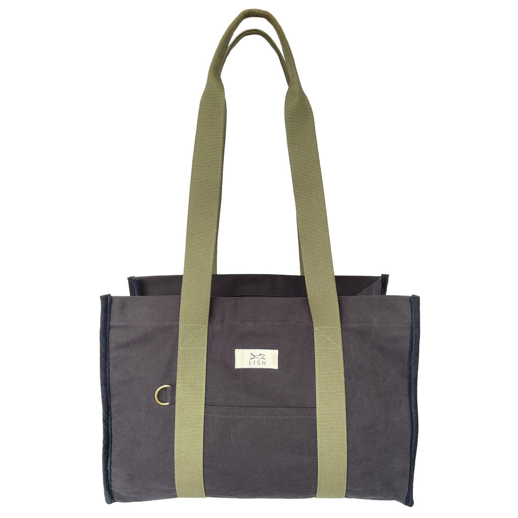 stylish, luxury navy dog carrier with military green straps made in United Kingdom  