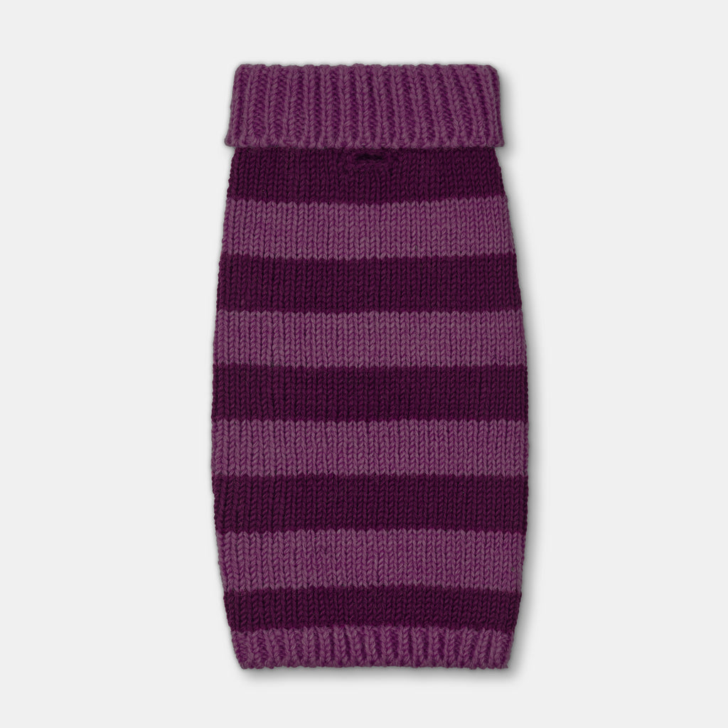 purple stripe wool dog jumper by British designer dog accessory brand, Smithy Fig & Blueberry dog sweater made from pure wool 