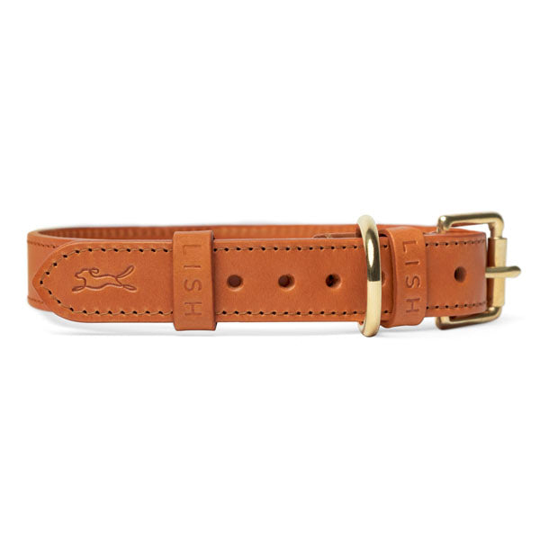 Tan brown Italian vegge tanned sustainable eco leather, dog collar designed by British Heritage Brand LISH, made in England, United Kingdom with solid brass buckle and Dee ring with LISH luxury logo stamped on to the leather