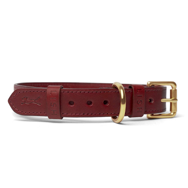 rich maple red Italian leather dog collar, made in England, United Kingdom,by LISH luxury contemporary British Brand with solid brass buckle