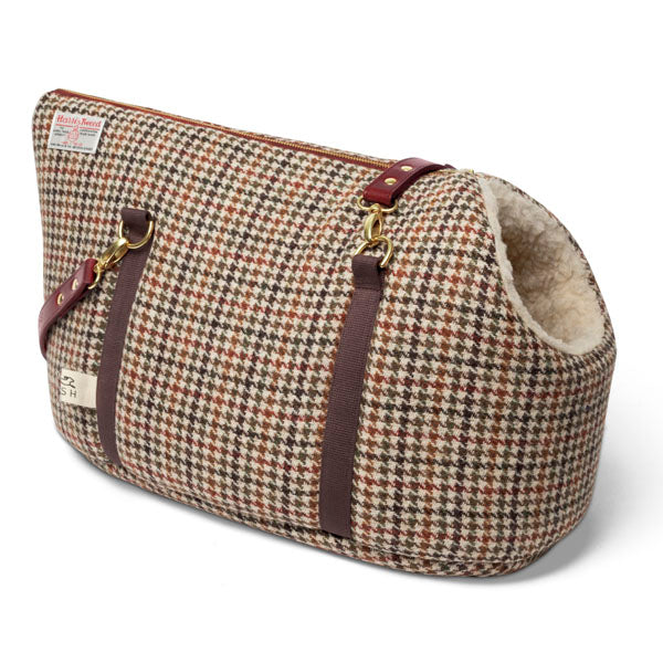 Harris Tweed brown check designer dog carrier with leather straps, made in England, United Kingdom by LISH luxury British Heritage pet accessory brand in London 