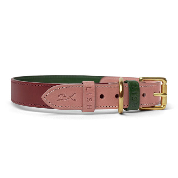 Dusky pink and maple red designer dog collar made by luxury Brand LISH with chrome free eco leather in the UK