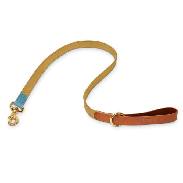 MUSTARD YELLOW AND BROWN AND BLUE DOG LEAD AND DOG LEASH MADE IN ENGLAND UNITED KINGDOM BY LUXURY BRITISH HERITAGE PET ACCESSORY BRAND LISH , LISH LONDON