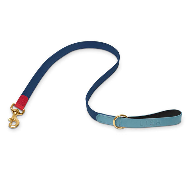 Navy, blue, red detail and baby blue handle dog lead, dog leash, made in England, United Kingdom by LISHl luxury premium British Heritage pet accessory brand 