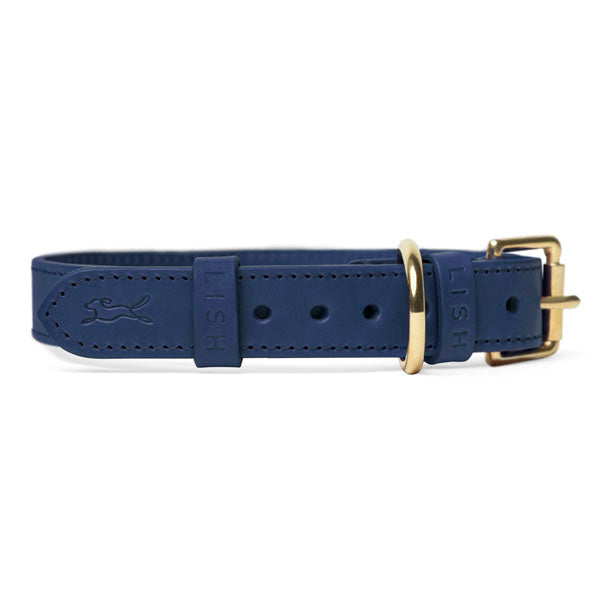 NAVY BLUE LUXURY COLLAR MADE BY BRITISH HERITAGE LUXURY PET ACCESSORY BRAND LISH, SUSTAINABLY MADE IN UNITED KINGDOM , MADE IN ENGLAND WITH VEGETABLE TANNED ITALIAN LEATHER AND SOLID BRASS FITTINGS TO FIT DOGS OF ALL BREEDS FROM MINI DACHSHUND TO LABRADOR , HUNGARIAN VISZLA'S , FRENCH BULL DOGS AND POINTERS