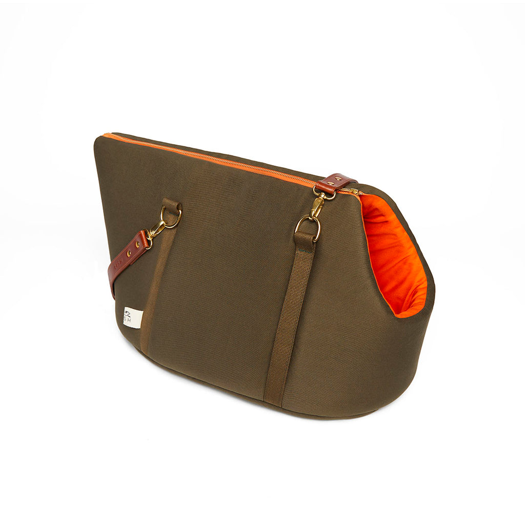 Exclusive to LISH the Winkley Orange Cotton pet carrier is designed by our Creative Director Lilly Shahravesh. The natural fibres of the fabric also has cooling properties when the weather's warm so your dog doesn't overheat.  luxury designer khaki