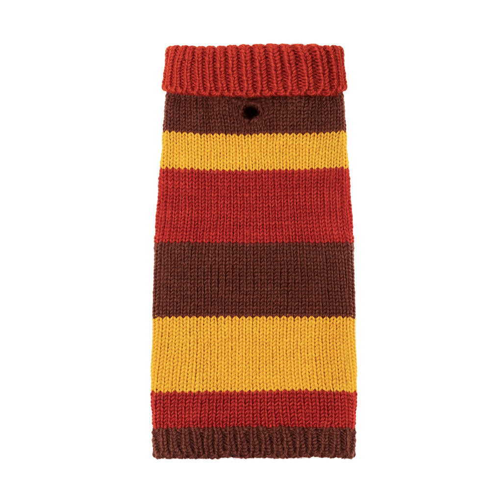 REAL WOOL DESIGNER LUXURY JUMPER IN YELLOW, ORANGE AND BROWN STRIPE MADE BY LUXURY BRITISH HERITAGE PET ACCESSORY BRAND LISH