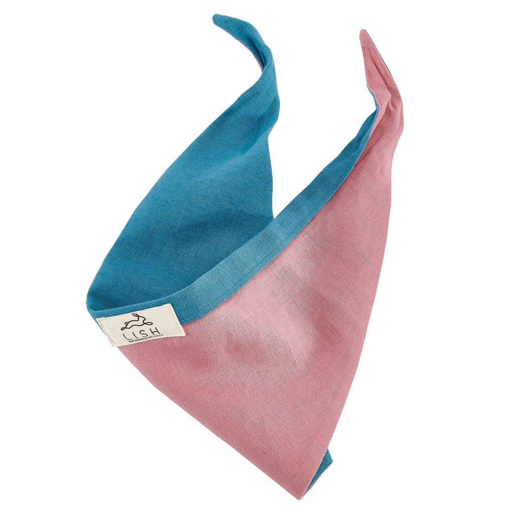 Designer handcrafted sustainable rose pink and Sky blue dog bandana in pure linen by LISH London luxury sustainable petwear brand 