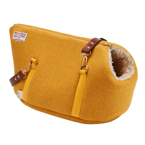 Bardsey Yellow Harrist Tweed luxury pet carrier with vegan Italian leather straps