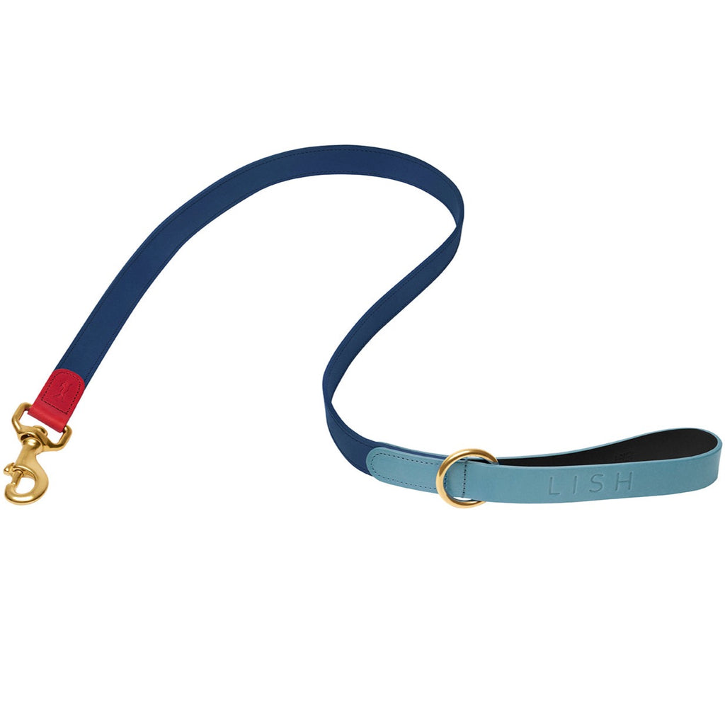 BLUE AND NAVY AND RED DESIGNER LUXURY DOG LEAD AND DOG LEASH MADE IN ENGLAND BY BRITISH HERITAGE  PET ACCESSORY SUSTAINABLE BRAND LISH 