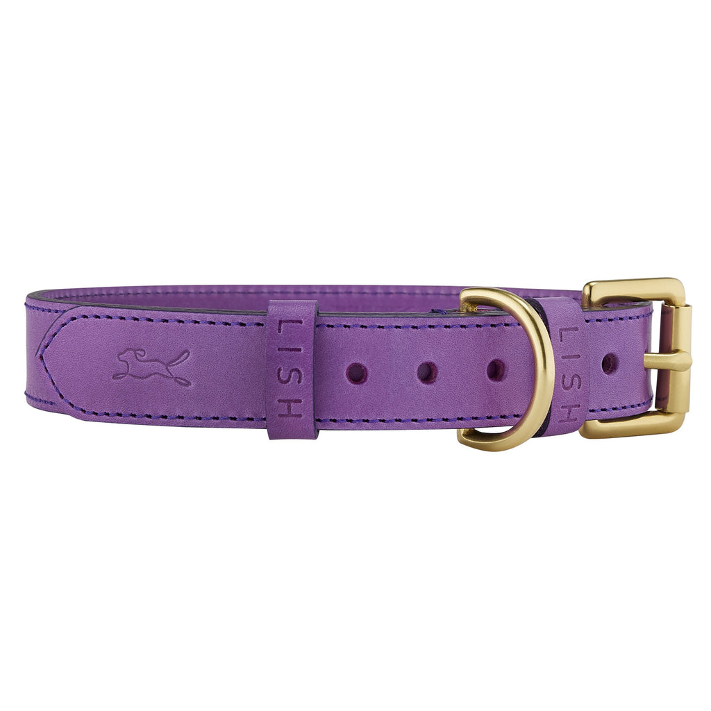 violet purple italian leather designer dog collar by luxury British brand LISH London petwear handcrafted in England