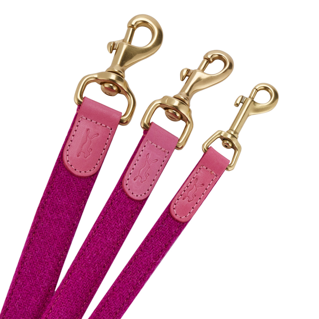 DETAIL OF SIZES OF DORA MAGENTA PINK HARRIS TWEED DESIGNER DOG LEAD AND ECO PINK ITALIAN LEATHER HANDCRAFTED IN ENGLAND 