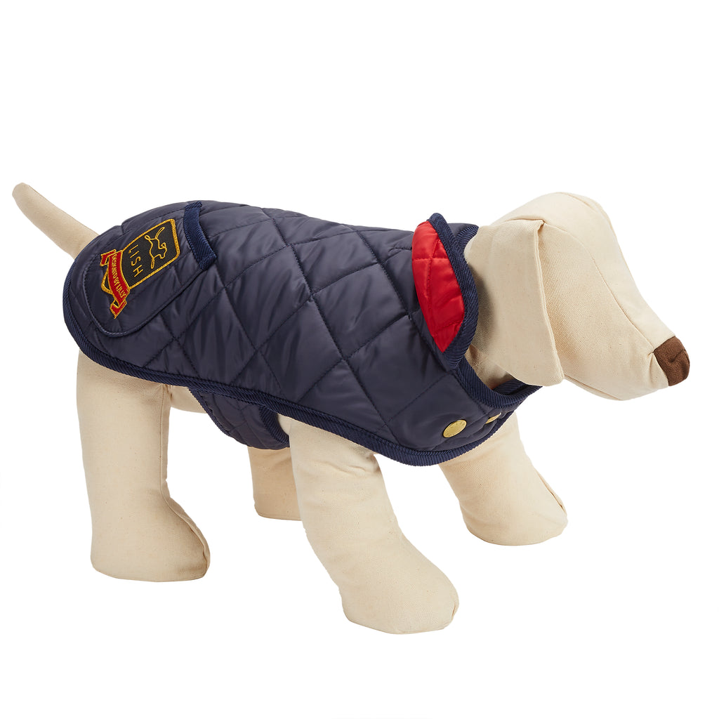 navy quilted sustainable dog raincoat by luxury designer British pet brand LISH London