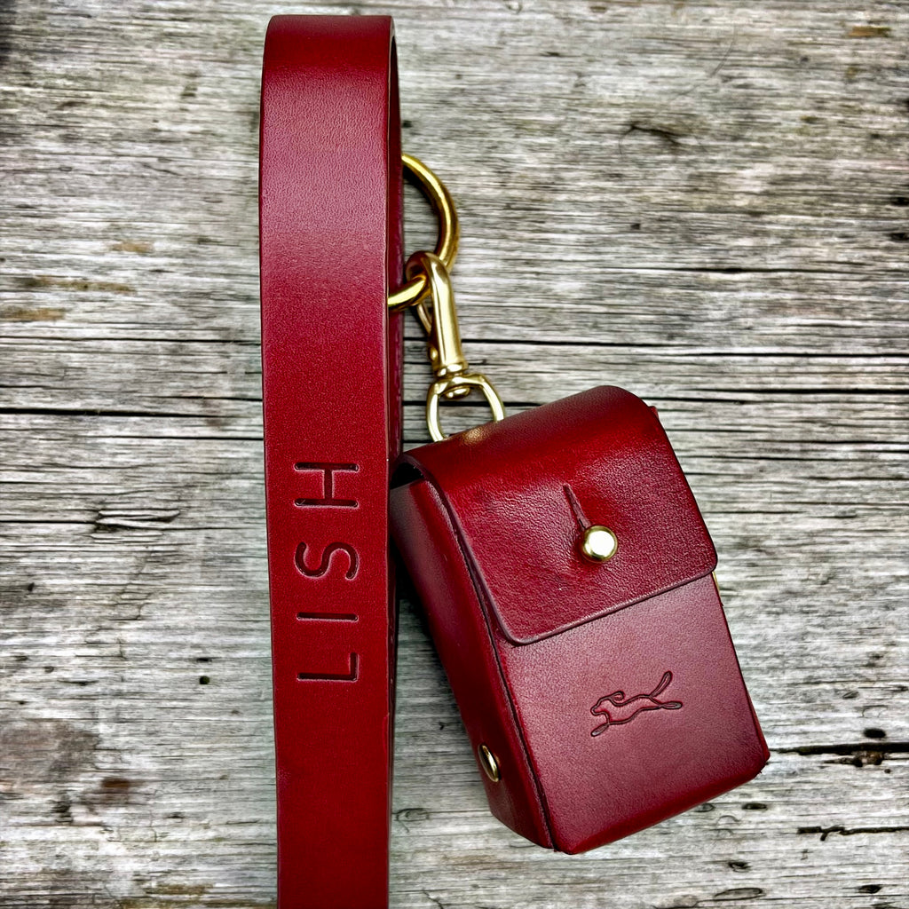 MAPLE OXBLOOD LEATHER DESIGNER HANDCRAFTED LUXURY DESIGNER POOP BAG DISPENSER FOR DOGS MADE IN UNITED KINGDOM BY BRITISH BRAND LISH 