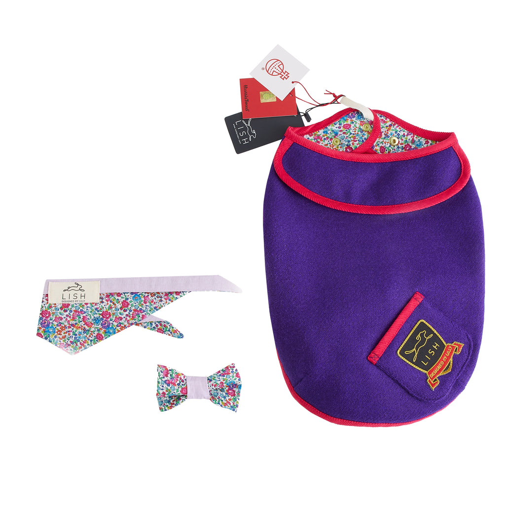 purple luxury dog coat made from Harris Tweed and liberty print by LISH British Brand with matching dog banana and bow tie 