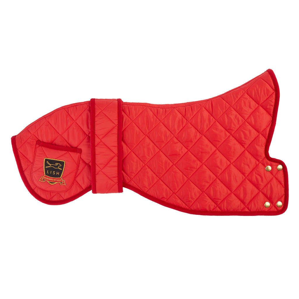 RED QUILTED WHIPPET LUXURY DOG COAT BY LISH LONDON LUXURY PETWEAR