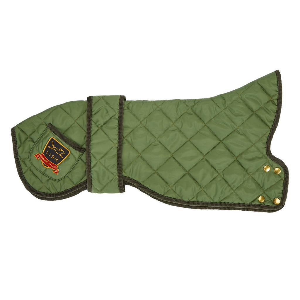 recycled sustainable quilted khaki olive green dog coat for whippet with LISH luxury petwear hallmark brass press studs 