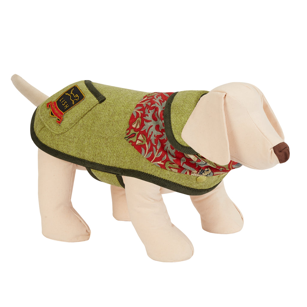 MORRIS FERN HARRIS TWEED DESIGNER DOG COAT WITH WILLIAM MORRIS HERITAGE PRINT AND MADE SUSTAINABLY IN THE UNITED KINGDOM